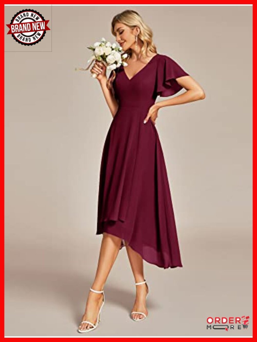 Elegant Chiffon V-Neck Flowy Midi Cocktail Dress - Picture 3 of 6